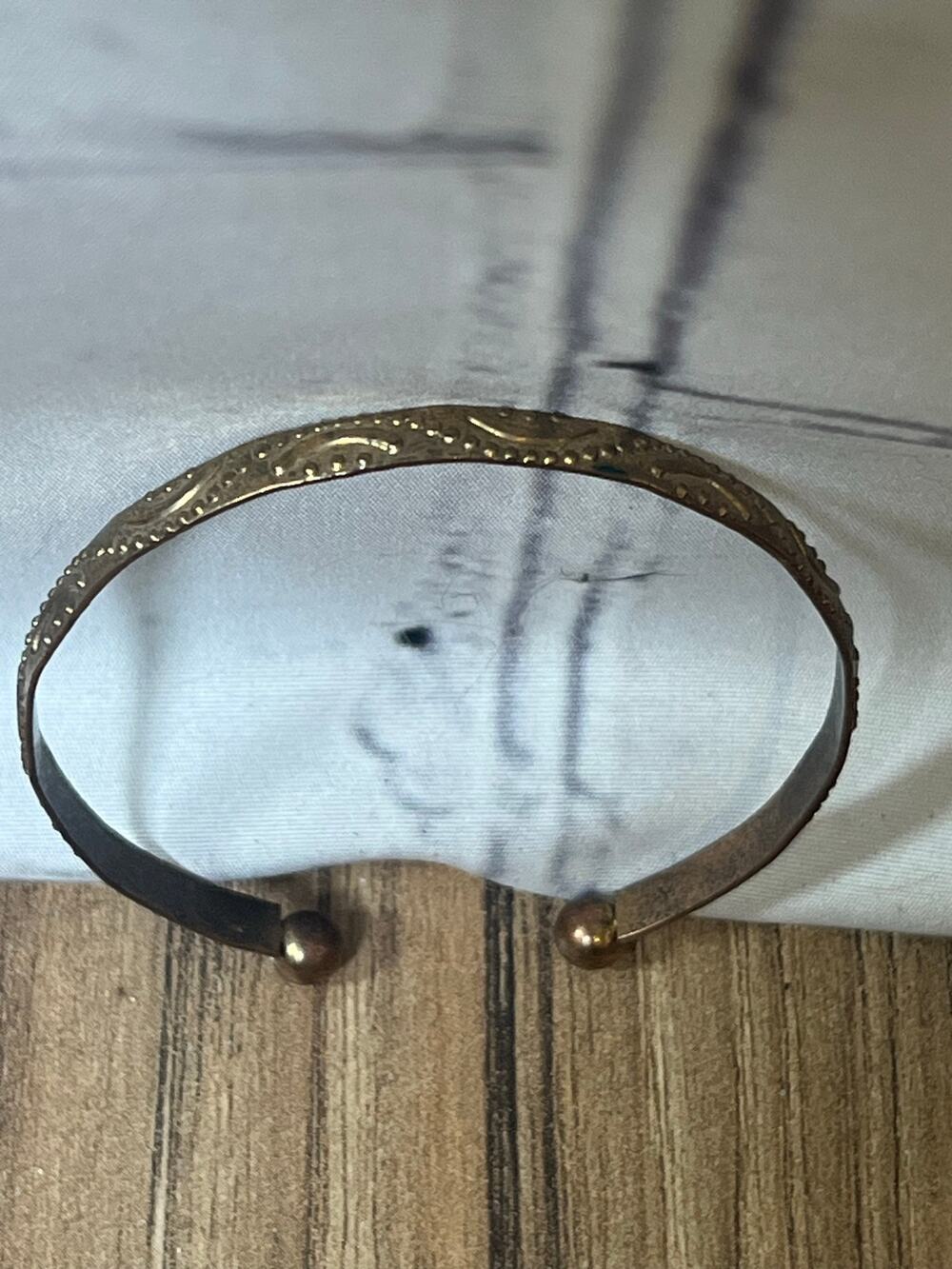 Vintage Gold Tone Engraved Adjustable Open Cuff Bracelet Ball Ends Boho Jewelry